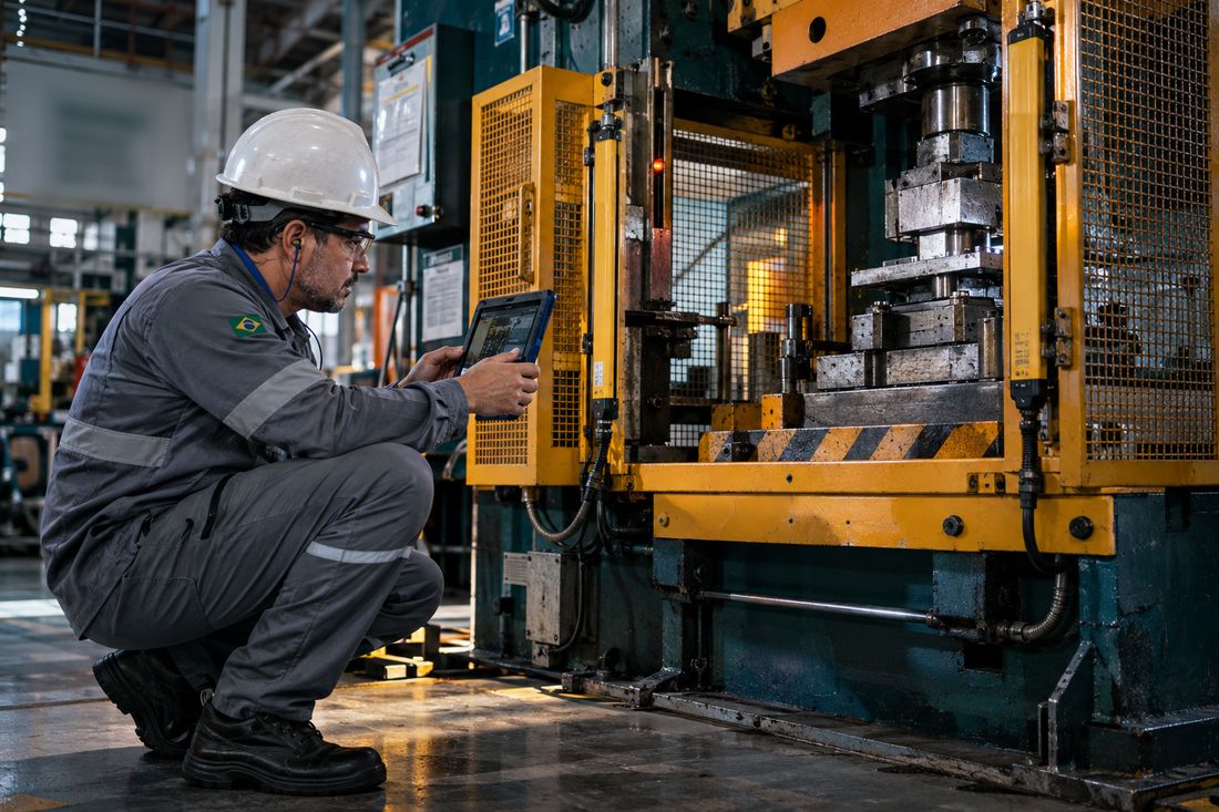 Técnico inspecionando os dispositivos de proteção de uma prensa com tablet