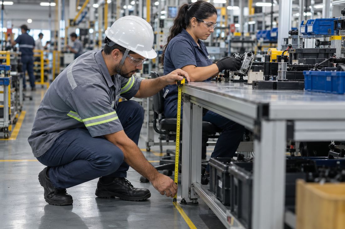 Técnico medindo a altura da bancada de trabalho de uma operadora com trena