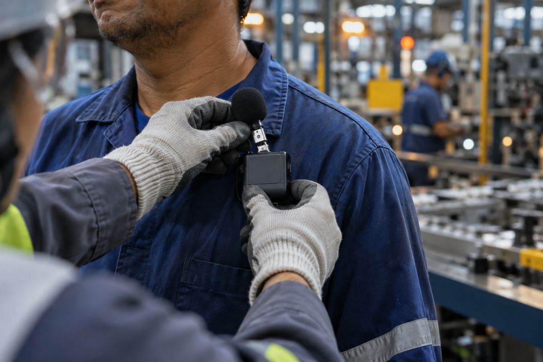 Técnico posicionando dosímetro de ruído na gola do uniforme de um operário